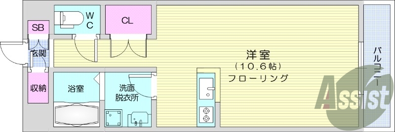 1R、フローリング、バルコニー、クローゼット