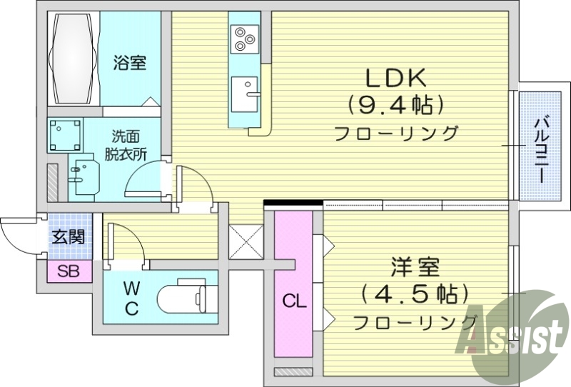 1LDK、南向き、バストイレ別、インターネット無料