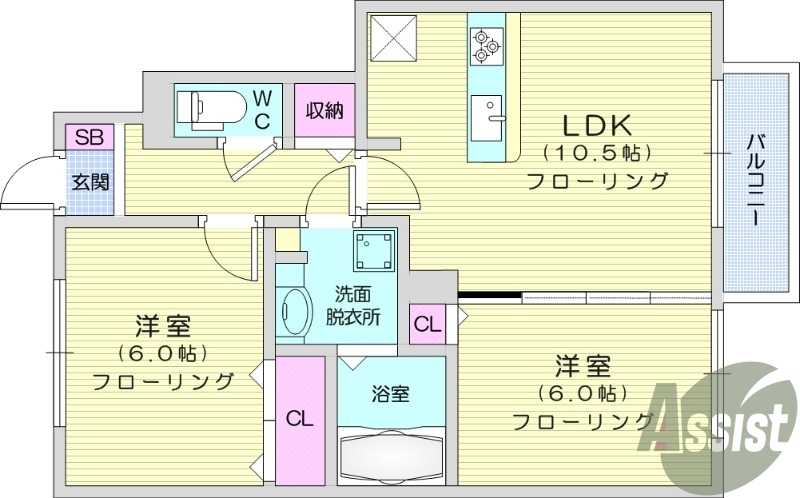 2LDK、エアコン、モニター付きインターホン