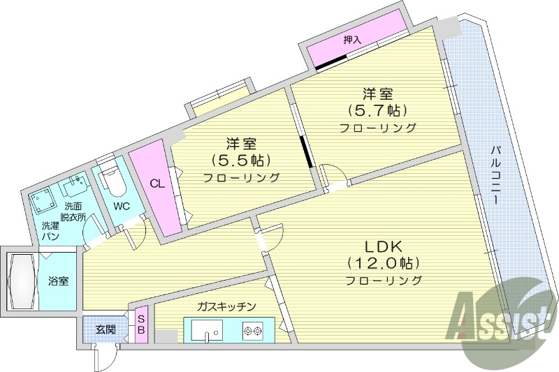 2LDK、南向き、バストイレ別、追焚機能、室内洗濯機置場