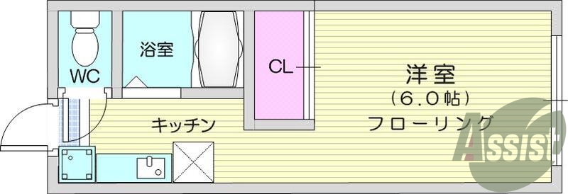 1K、エアコン、バストイレ別室、一部フローリング