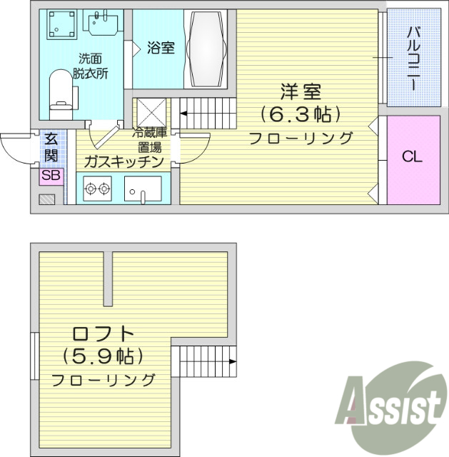 1K、ロフト付き、プロパンガス、モニター付きドアホン