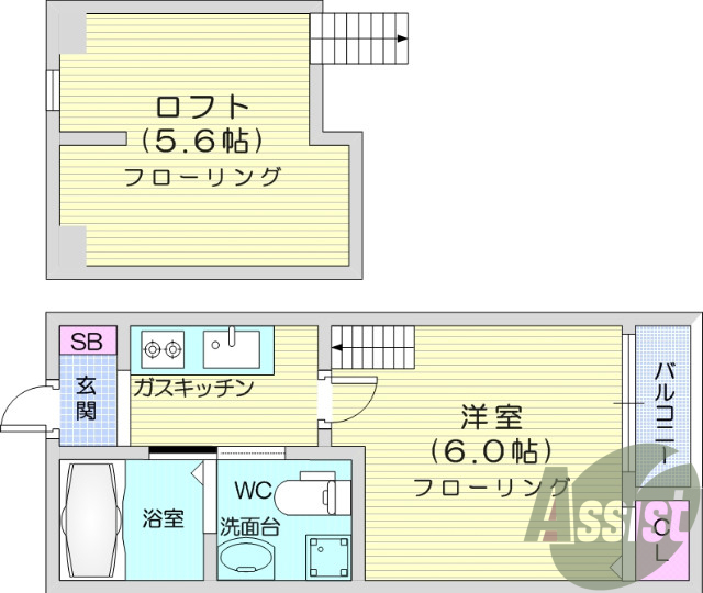 1K+ロフト、システムキッチン、シャンプードレッサー