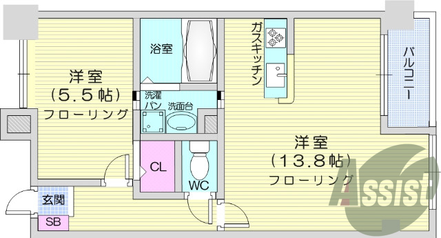 1LDK、バストイレ別、エアコン、都市ガス