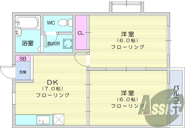 2DK、フローリング、TVモニターホン、室内洗濯機