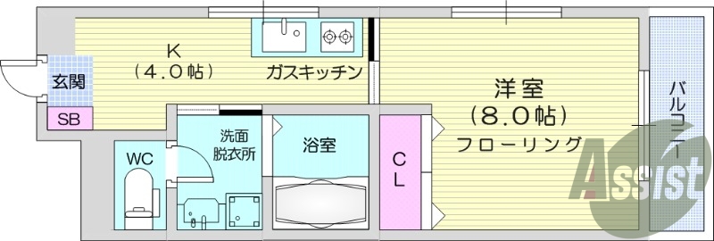 1K、都市ガス、ウォッシュレット、独立洗面付き