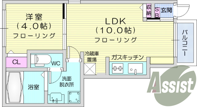1LDK、モニター付きインターホン、バストイレ別。