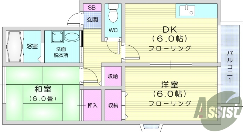 2DK、南向き、シャワー付洗面化粧台、BS端子、ガスコンロ