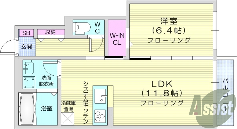 1LDK、都市ガス、ネット無料、システムキッチン、エアコン