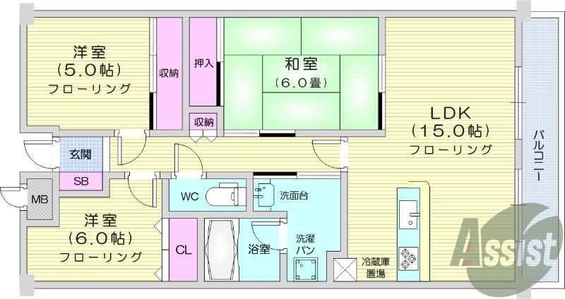 3LDK、2人入居可、追い焚き機能付き浴室、温水洗浄便座付き