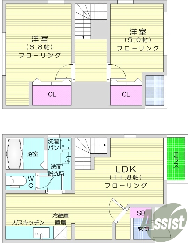 2LDK、温水洗浄便座、洗面所独立、エアコン