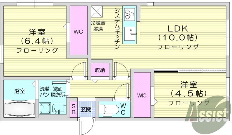 2LDK、都市ガス、ネット無料、オートロック。