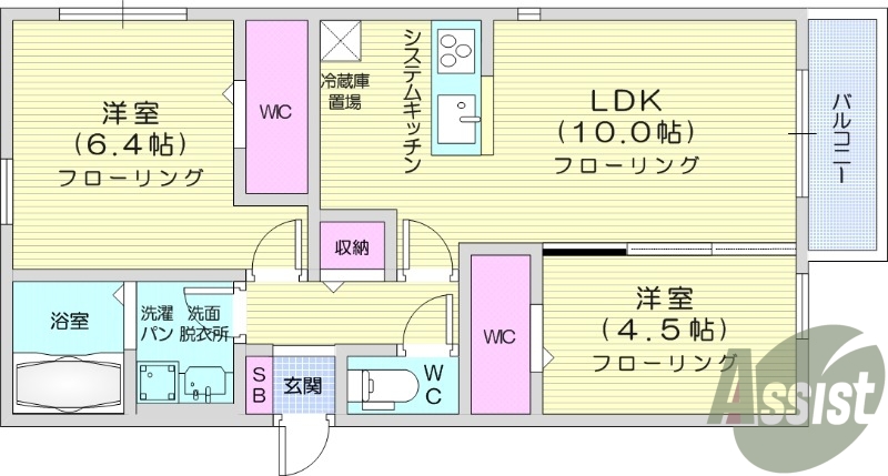 2LDK、都市ガス、ネット無料、オートロック。