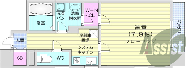 1K、角部屋、バストイレ別、IHコンロのシステムキッチン