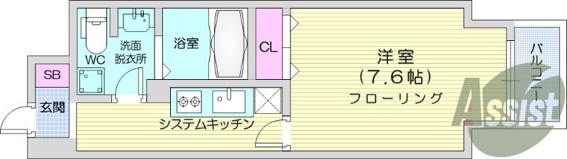 1K、バルコニー、クローゼット、バストイレ別