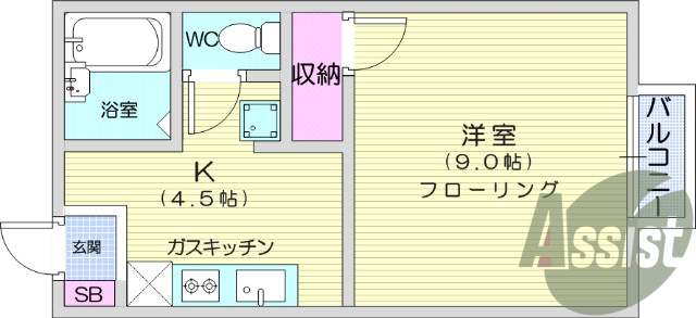１K、風呂トイレ別、エアコン、浴室乾燥機、洗面化粧台