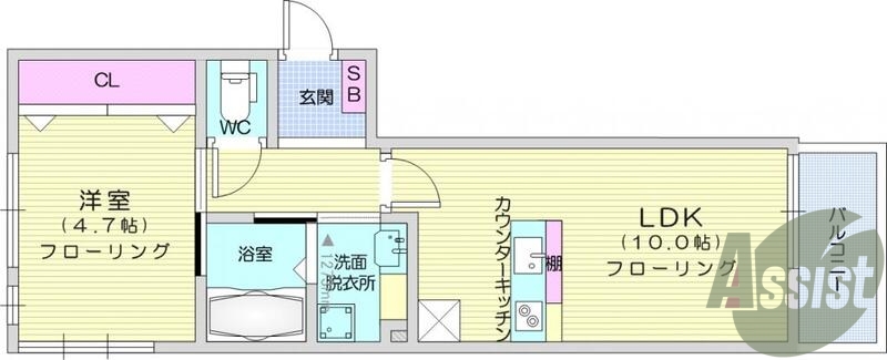1LDK、カウンターキッチン、システムキッチン、エアコン