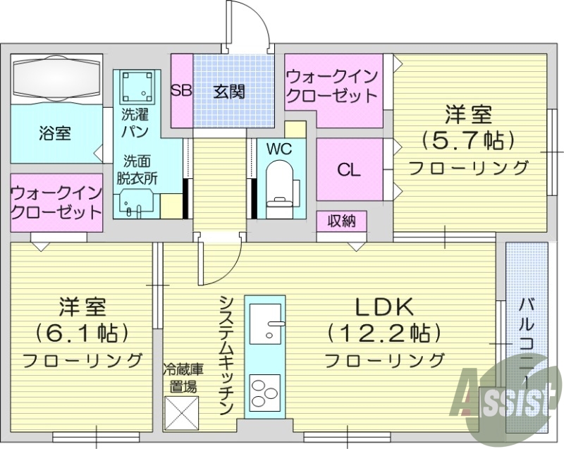 2LDK、インターネット無料、エアコン3台、都市ガス