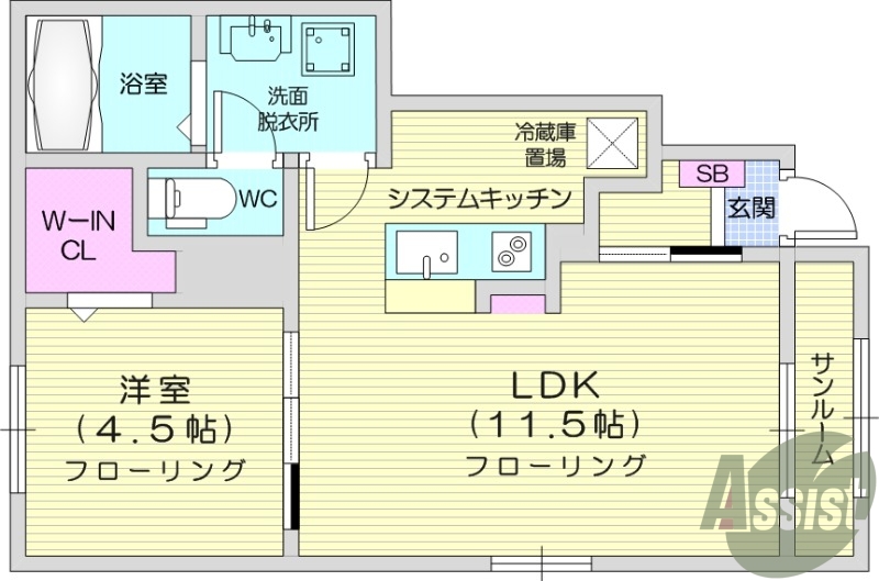 1LDK、浴室乾燥機、ネット無料、サンルーム。