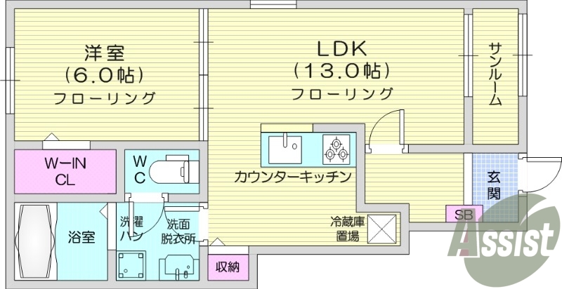 1LDK、追い焚き、サンルーム、宅配ボックス、エアコン２台。