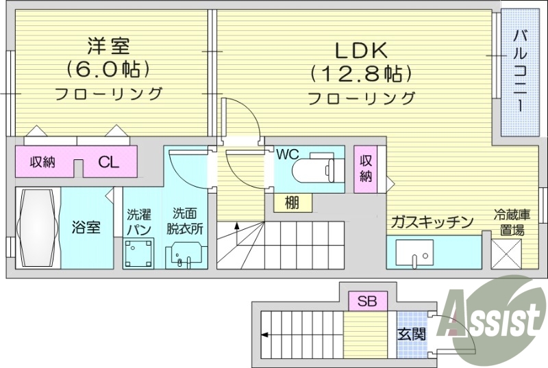 1LDK、追い焚き機能、浴室乾燥付き、2階