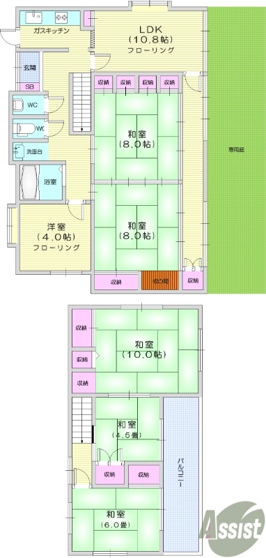 6LDK、都市ガス、専用庭、フローリング、和室。