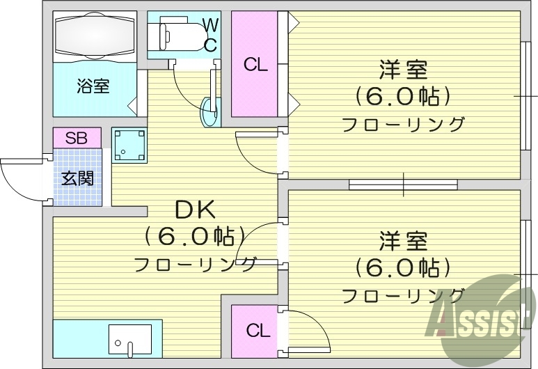 2DK、エアコン、室内洗濯機置場、トイレ浴室別、収納