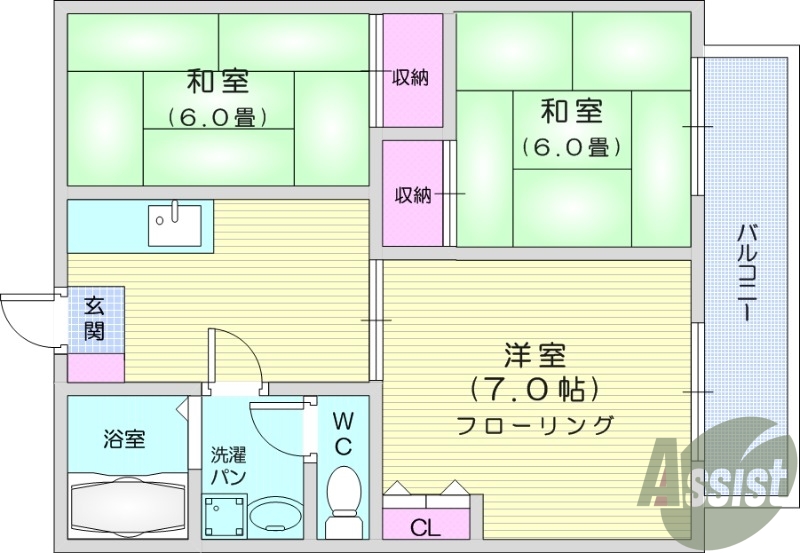 3Ｋ、独立洗面台、エアコン付き、和室、角部屋、脱衣所