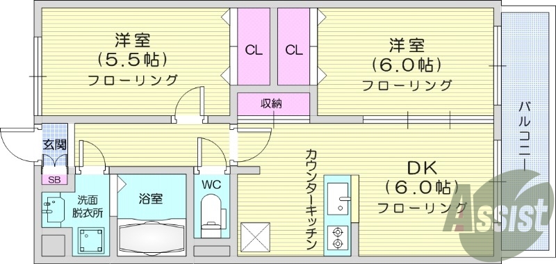 ２DK、インターネット使用料不要、独立洗面台、エアコン