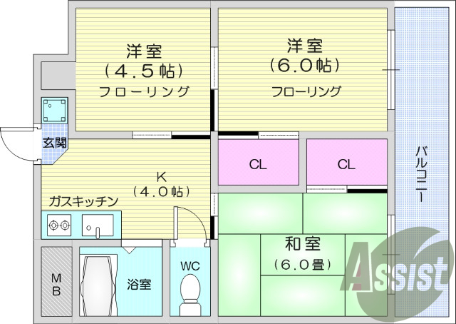 3K、バストイレ別、エアコン、バルコニー、給湯