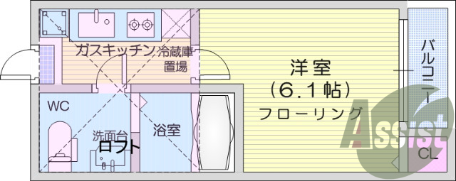 1K、独立洗面台、室内洗濯機置き場、シャッター付き