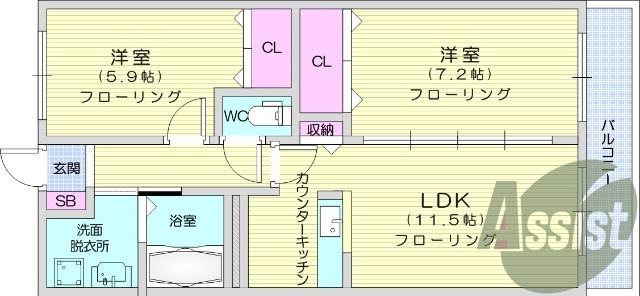２LDK、オートロック、カウンターキッチン、浴室乾燥機。