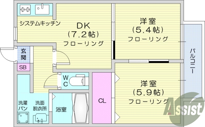 2DK、ガスコンロ2口、追い焚き、モニタ付きインターホン