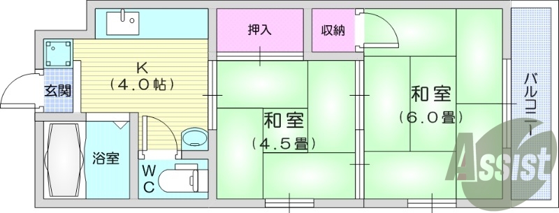 2K、エアコン、トイレ浴室別、収納、室内洗濯機置き場