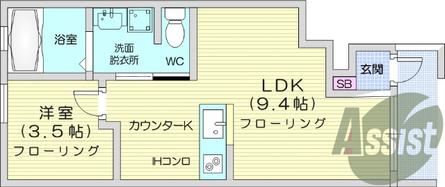 １LDK、バストイレ別、角部屋、独立洗面台、追焚機能
