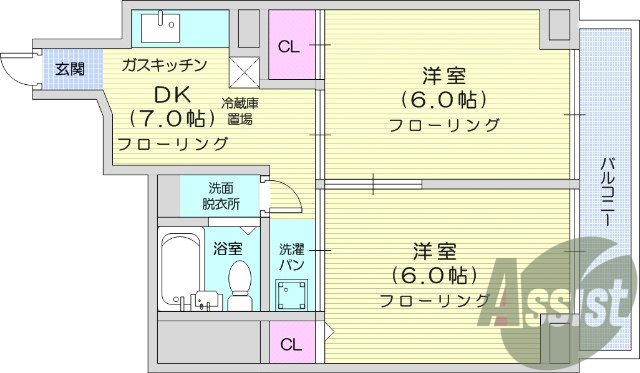 2DK、都市ガス、エアコン、収納、室内洗濯機置き場