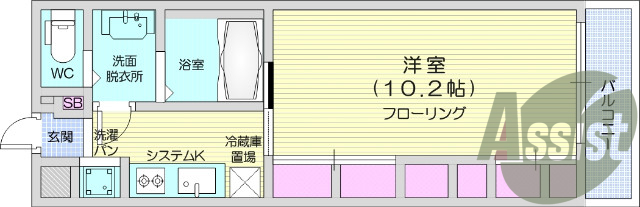 1K、オートロック、エアコン、温水洗浄便座、浴室乾燥機。
