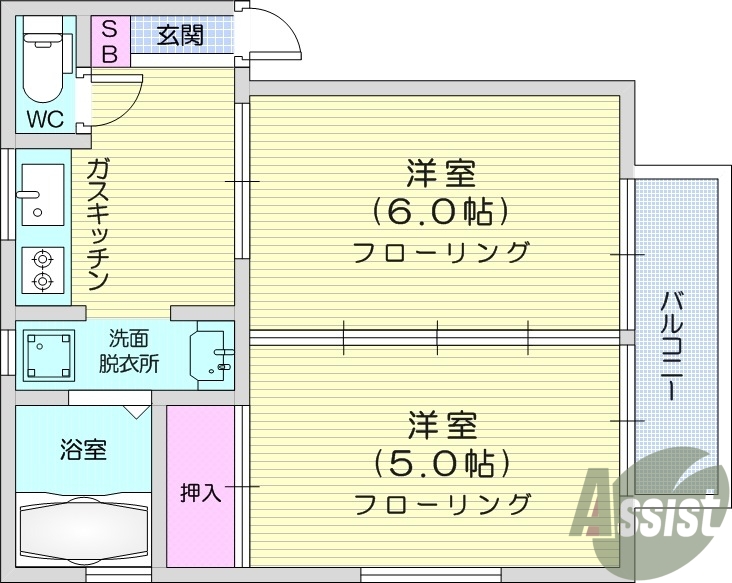 2K、南向き、角部屋、バストイレ別、追い炊き機能付き
