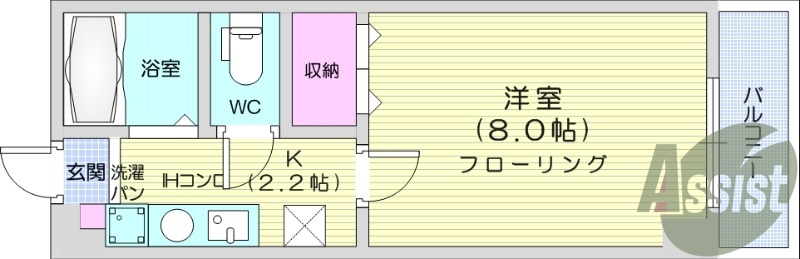 1K、都市ガス、IH、洗濯機置き場室内、ウォシュレット。