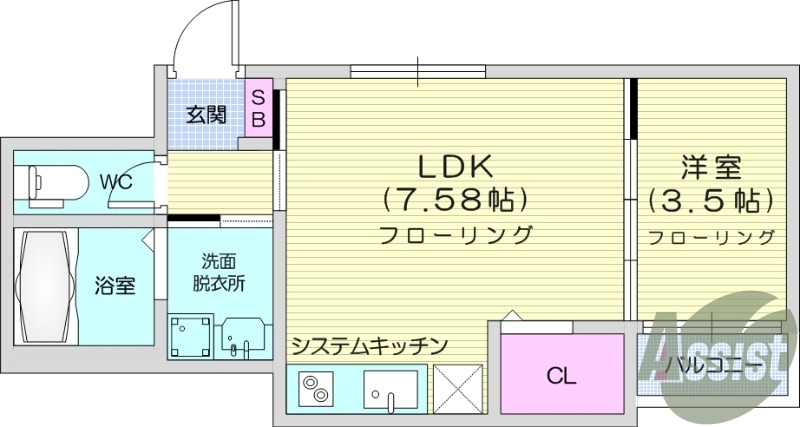 1LDK、エアコン、ネット使用料無料、システムキッチン