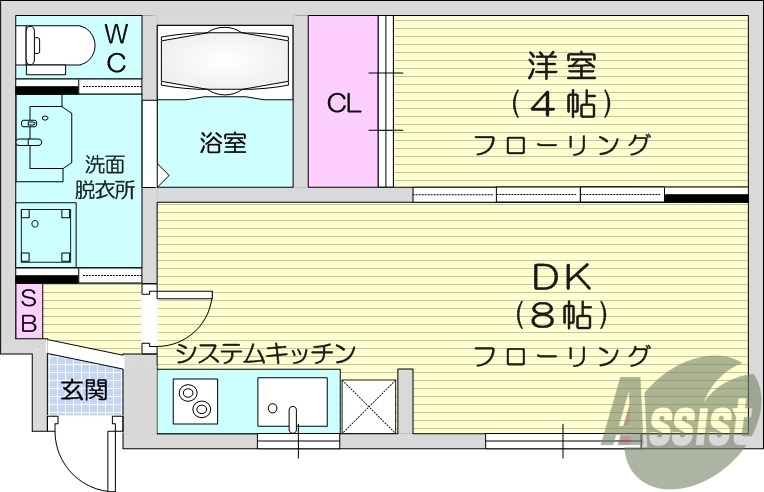 1LDK、エアコン、システムキッチン、ネット使用料無料