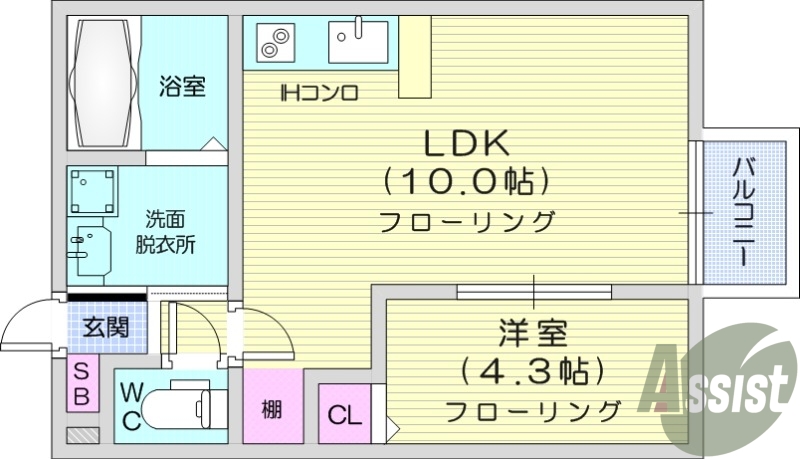 1LDK、フローリング、モニター付きインターホン