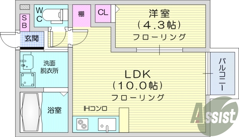1LDK、フローリング、モニター付きインターホン