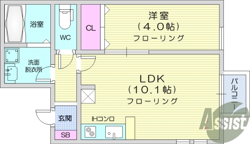 1LDK、フローリング、モニター付きインターホン