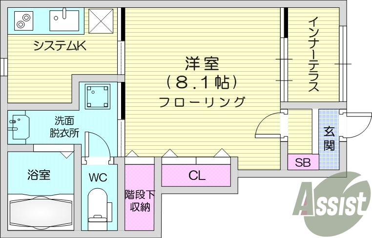 1K、南向き、ペット（小型犬・猫1匹）飼育可能