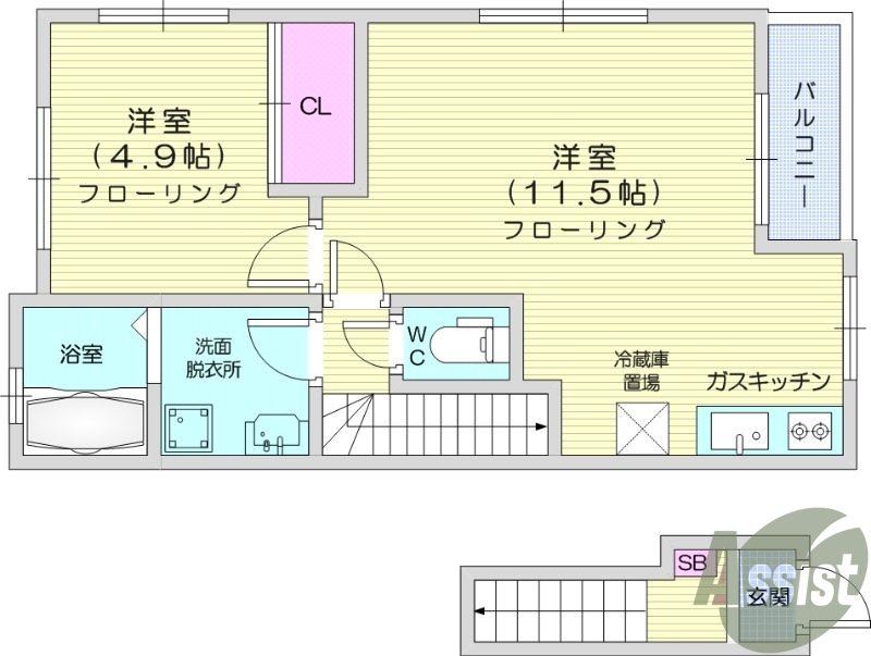 1LDK、フローリング、システムキッチン、独立洗面台