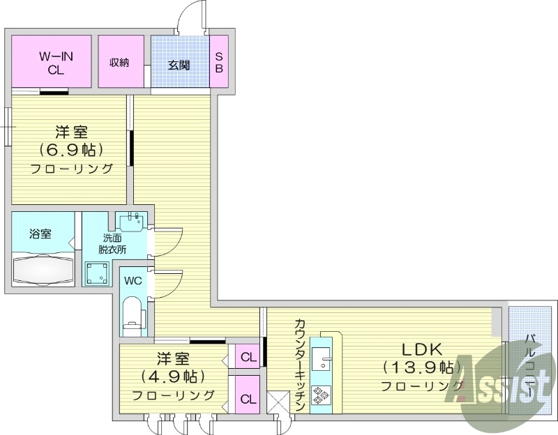 ２LDK、洗濯機置場、IHクッキングヒーター、室内洗濯機置場