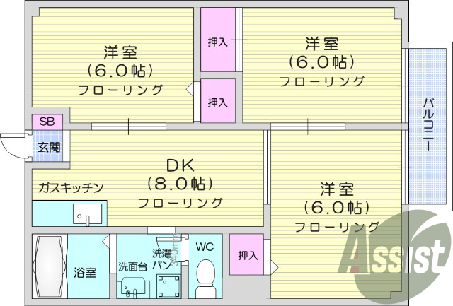 3DK、独立洗面台、シューズボックス、エアコン、収納