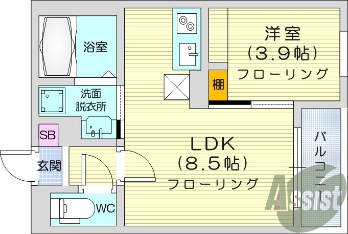 1LDK、システムキッチン、エアコン、独立洗面台、収納