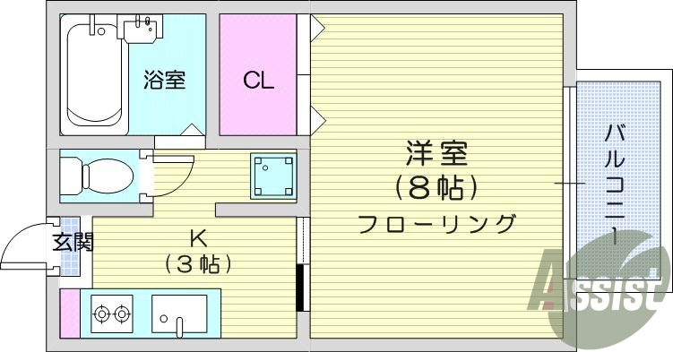 １K、南向き、角部屋、都市ガス、エアコン。フローリング